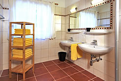Badezimmer mit Dusche und Waschbecken